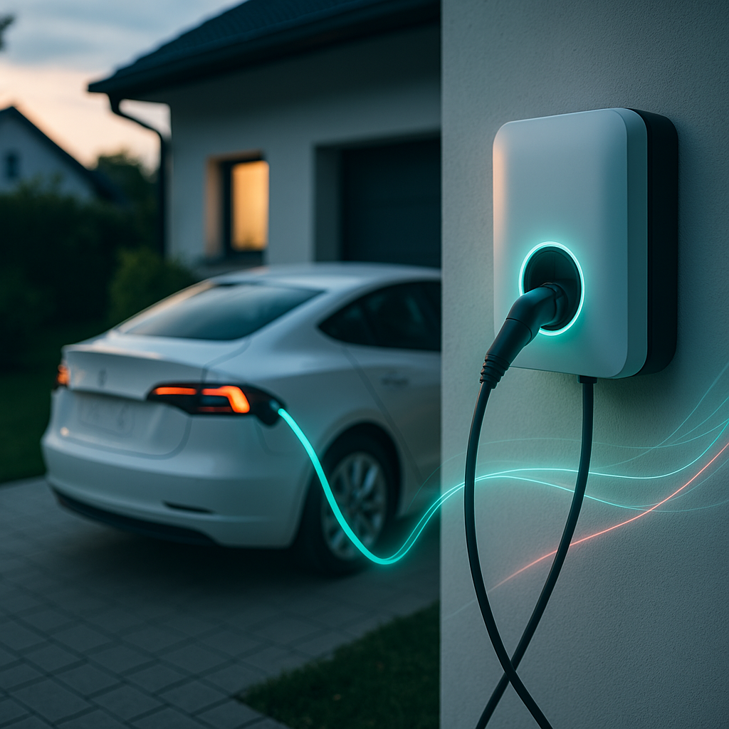 Biały samochód elektryczny zaparkowany na podjeździe przed garażem, podłączony świecącym na turkusowo kablem do ściennej ładowarki z okrągłym, podświetlonym portem w świetle zmierzchu.