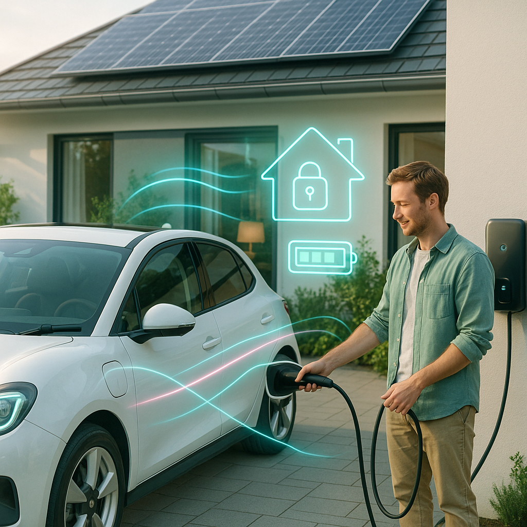 Uśmiechający się mężczyzna w zielonej koszuli i beżowych spodniach podłącza kabel do białego samochodu elektrycznego przy ściennej stacji ładowania przed nowoczesnym domem z panelami słonecznymi na dachu, a nad pojazdem widoczne są turkusowe, neonowe linie i ikony domu z zamkiem oraz wskaźnika baterii.