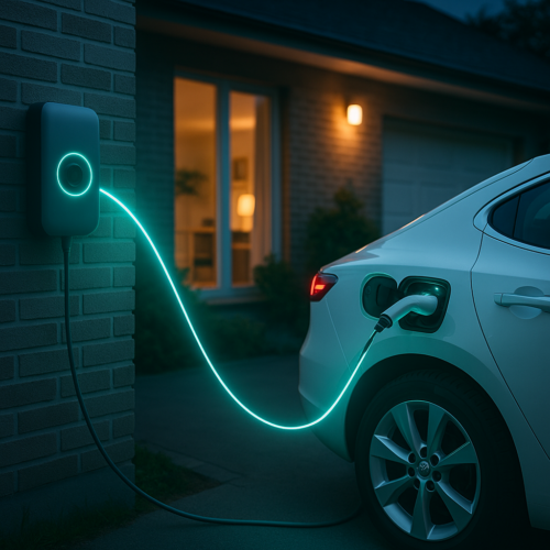 Biały samochód elektryczny zaparkowany przy podjeździe po zmroku, z otwartym portem ładowania podłączonym świecącym turkusowym kablem do ściennej stacji ładowania na tle ceglastej ściany domu z oświetlonym oknem i zewnętrzną lampą.