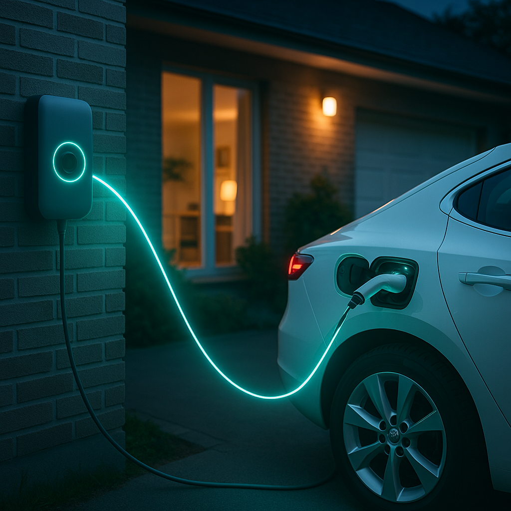 Biały samochód elektryczny zaparkowany przy podjeździe po zmroku, z otwartym portem ładowania podłączonym świecącym turkusowym kablem do ściennej stacji ładowania na tle ceglastej ściany domu z oświetlonym oknem i zewnętrzną lampą.
