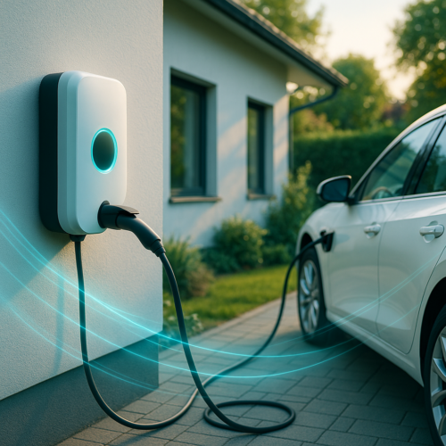 Biały samochód elektryczny zaparkowany przy podjeździe jest podłączony czarnym kablem do ściennej, białej stacji ładowania z niebiesko świecącym pierścieniem; w tle widać elewację domu z dwoma oknami, ogród i chodnik oraz faliste, niebieskie efekty świetlne nad nawierzchnią.