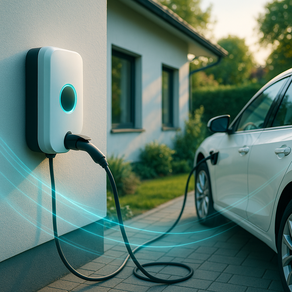 Biały samochód elektryczny zaparkowany przy podjeździe jest podłączony czarnym kablem do ściennej, białej stacji ładowania z niebiesko świecącym pierścieniem; w tle widać elewację domu z dwoma oknami, ogród i chodnik oraz faliste, niebieskie efekty świetlne nad nawierzchnią.