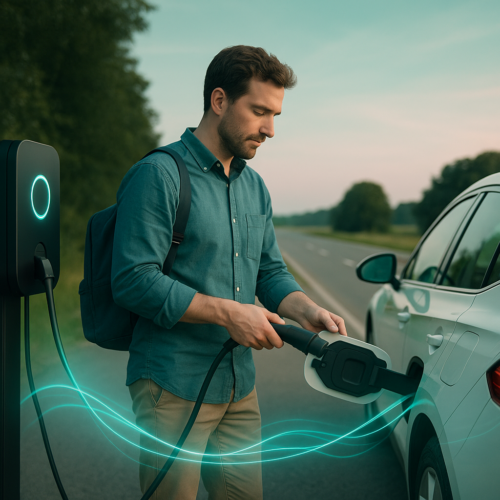 Mężczyzna w zielonkawoniebieskiej koszuli i z plecakiem podłącza wtyczkę do białego samochodu elektrycznego przy słupie ładowania z okrągłym, świecącym pierścieniem, w tle asfaltowa droga i drzewa oraz turkusowe świetliste smugi wokół przewodu.