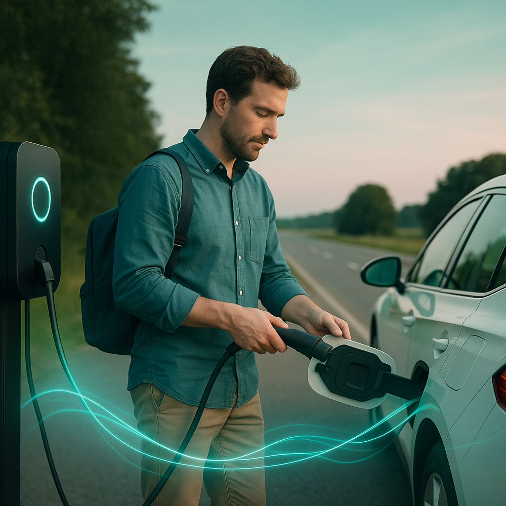 Mężczyzna w zielonkawoniebieskiej koszuli i z plecakiem podłącza wtyczkę do białego samochodu elektrycznego przy słupie ładowania z okrągłym, świecącym pierścieniem, w tle asfaltowa droga i drzewa oraz turkusowe świetliste smugi wokół przewodu.