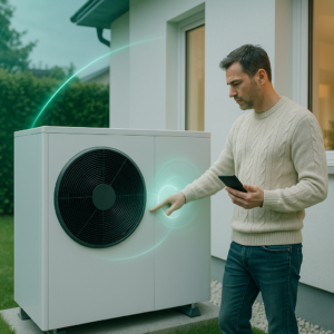 Mężczyzna w beżowym swetrze i dżinsach stoi przy białej ścianie domu, trzyma smartfon w lewej dłoni i dotyka prawą ręką dużej białej zewnętrznej jednostki z okrągłym czarnym wentylatorem, przy której widoczny jest zielony świetlisty efekt, w tle trawnik, krzewy i okno.
