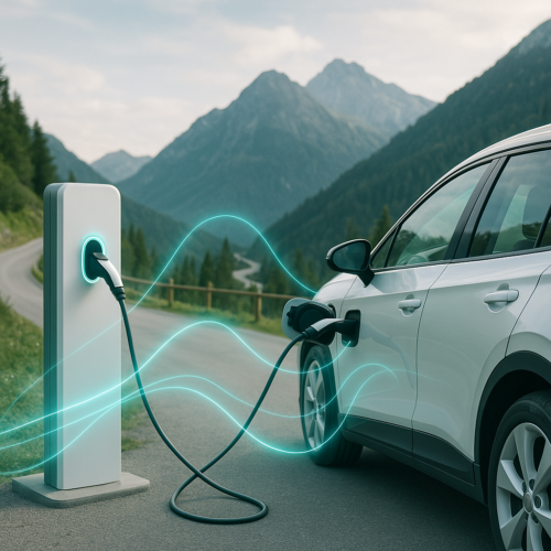 Biały samochód elektryczny podłączony kablem do stacji ładowania przy drogowej zatoczce w górskim krajobrazie z lasami i krętą drogą w tle oraz turkusowymi liniami ilustrującymi przepływ energii.