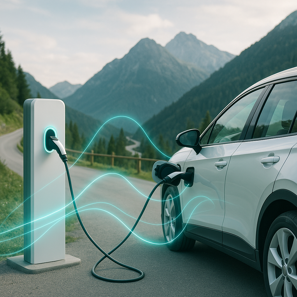 Biały samochód elektryczny podłączony kablem do stacji ładowania przy drogowej zatoczce w górskim krajobrazie z lasami i krętą drogą w tle oraz turkusowymi liniami ilustrującymi przepływ energii.