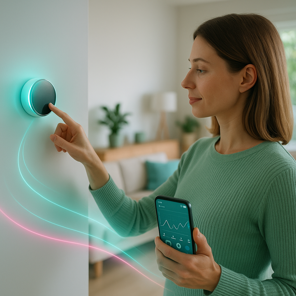 Zbliżenie na stojącą kobietę w zielonym swetrze dotykającą świecącego na niebiesko okrągłego termostatu na ścianie, trzymającą smartfon z wykresem na ekranie i widocznym w tle salonem z kanapą i roślinami oraz kolorowymi promieniami świetlnymi symbolizującymi połączenie urządzeń.