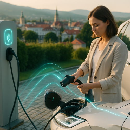 Kobieta w jasnej marynarce wkłada wtyczkę do otwartego portu ładującego białego samochodu elektrycznego przy stacji ładowania z podświetloną ikoną wtyczki, stojąc na brukowanej nawierzchni, w tle zarys miasta z wieżami kościołów i pagórkami, a wokół wtyczki widoczne świetliste niebieskie linie.