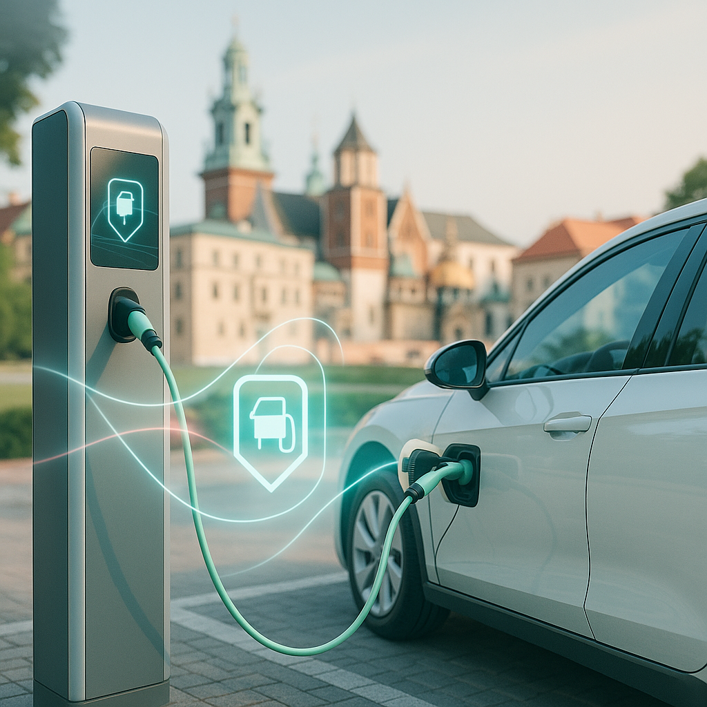 Biały samochód elektryczny podłączony zielonym kablem do metalowego słupka ładowania z ekranem, na kablu i w przestrzeni między autem a stacją widoczne neonowe, holograficzne ikony ładowania, a w tle rozmyty zespół zabytkowych budynków z wieżami.
