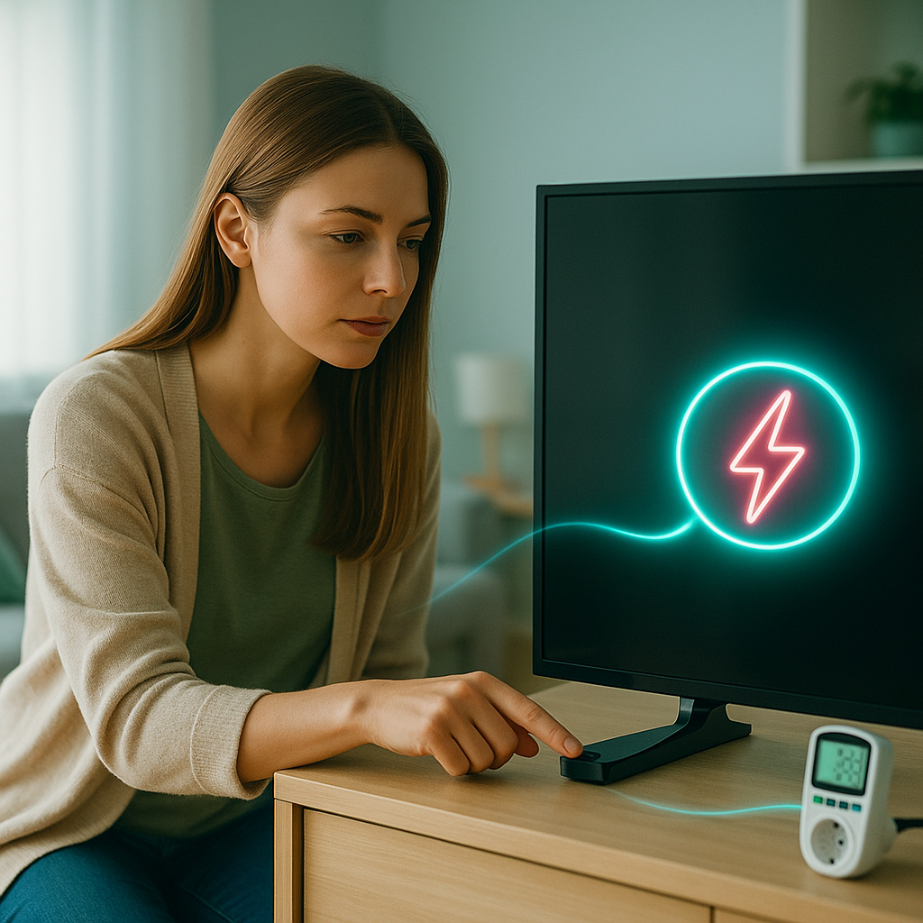 Kobieta o długich włosach siedzi przy drewnianym stoliku i naciska przycisk u podstawy telewizora, na ekranie widoczny neonowy symbol błyskawicy w okręgu, obok na stoliku stoi cyfrowy miernik zużycia energii.