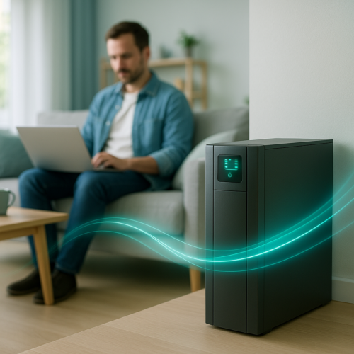 Czarne pionowe urządzenie elektroniczne z podświetlanym cyfrowym wyświetlaczem stojące przy ścianie na pierwszym planie, z turkusowymi falistymi liniami ilustrującymi przepływ powietrza, w tle rozmyta sylwetka mężczyzny siedzącego na kanapie z laptopem.