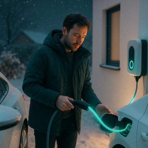 Mężczyzna w ciemnej zimowej kurtce podłączający świecący na niebiesko kabel do portu ładowania białego samochodu elektrycznego, obok ściany domu z zamocowaną ładowarką z podświetlanym pierścieniem, w padającym śniegu o zmierzchu.