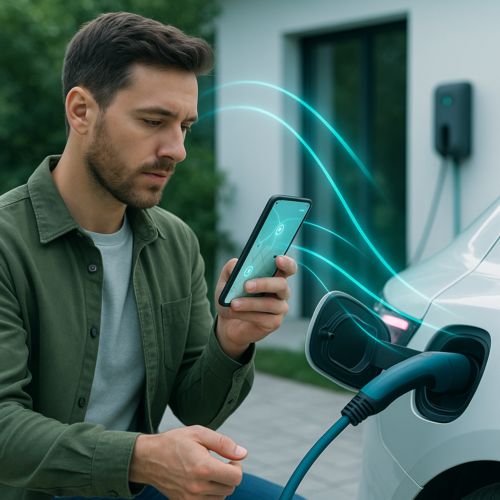 Mężczyzna w zielonej koszuli i jasnym t‑shircie trzyma smartfon i patrzy na jego ekran stojąc obok białego samochodu elektrycznego podłączonego kablem do gniazda ładowania, na ścianie domu w tle widać stację ładowania, a między telefonem a portem ładowania widoczne są niebiesko‑zielone świetliste łuki jako graficzny efekt.