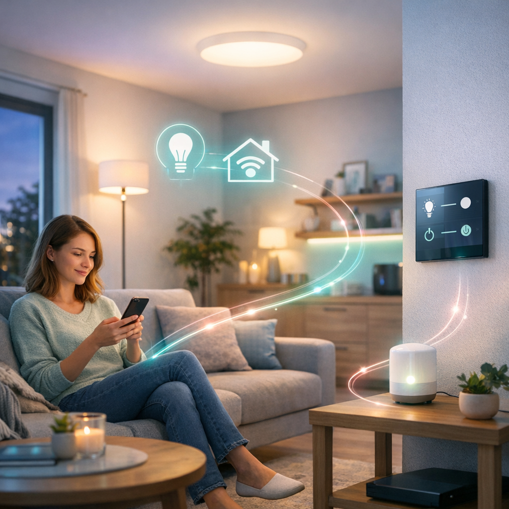 Kobieta siedzi na szarej sofie w salonie i trzyma smartfon, podczas gdy świetliste linie i ikony (żarówka i dom z symbolem Wi‑Fi) łączą jej telefon z panelem sterowania na ścianie i białym inteligentnym głośnikiem na stoliku, w pomieszczeniu z lampami, półkami z dekoracjami, świecą i rośliną.