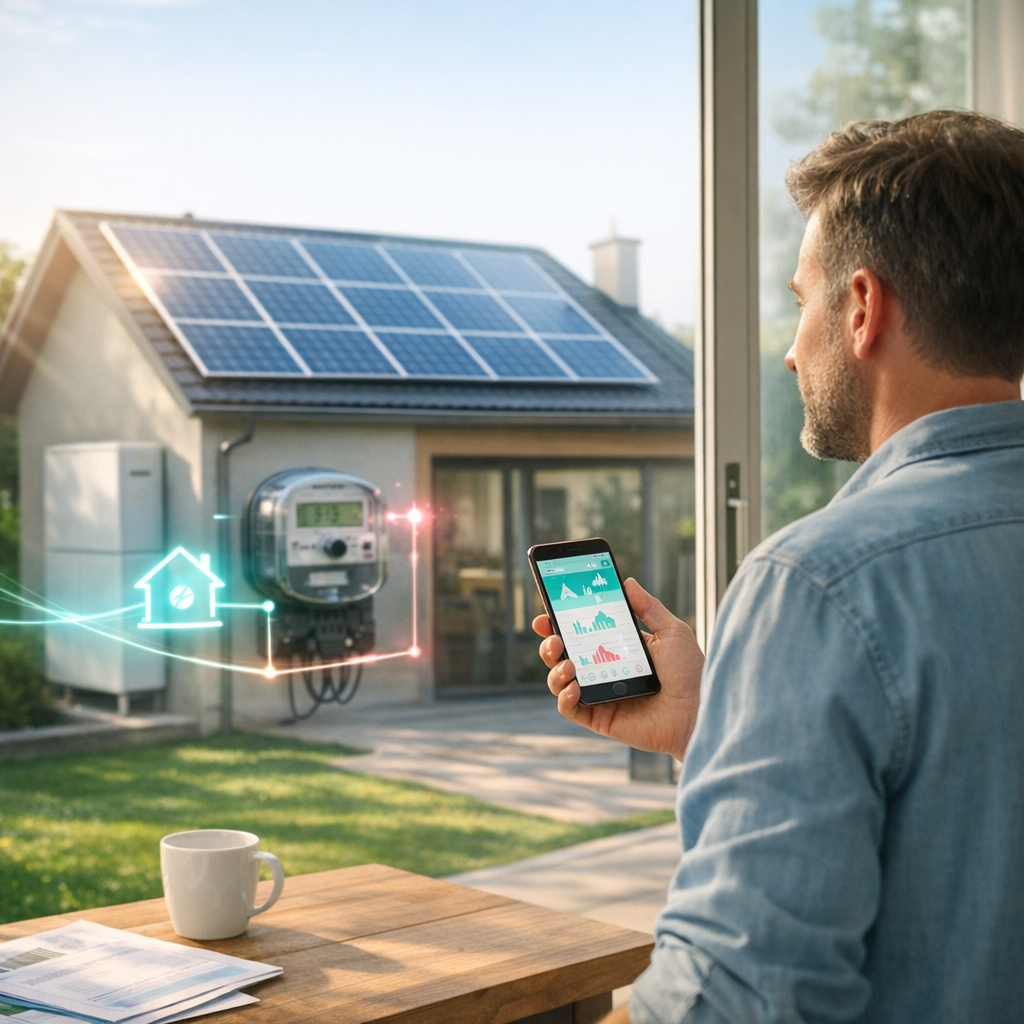 Mężczyzna widziany z profilu stoi przy dużym oknie trzymając smartfon z wykresami, w tle dom z panelami słonecznymi na dachu, zewnętrzny licznik i skrzynka elektryczna przy ścianie, a na drewnianym stole w pierwszym planie kubek i dokumenty; na obrazie widoczne neonowe ikony i linie łączące dom z licznikiem.