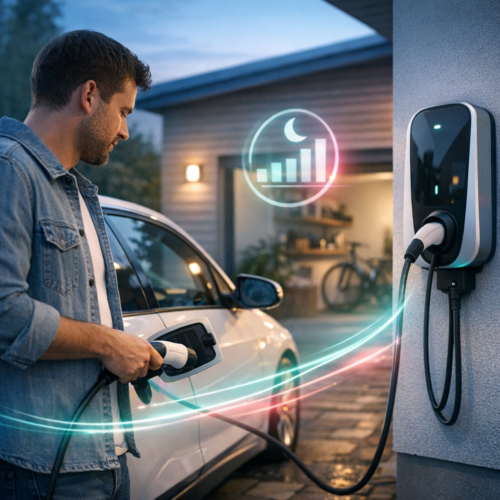 Mężczyzna w dżinsowej kurtce podłączający kabel do białego samochodu elektrycznego do ściennej stacji ładowania podczas zmierzchu; widoczne świetliste kolorowe smugi i holograficzna ikona z wykresem słupkowym i półksiężycem, w tle otwarte pomieszczenie garażowe z rowerem i półkami.