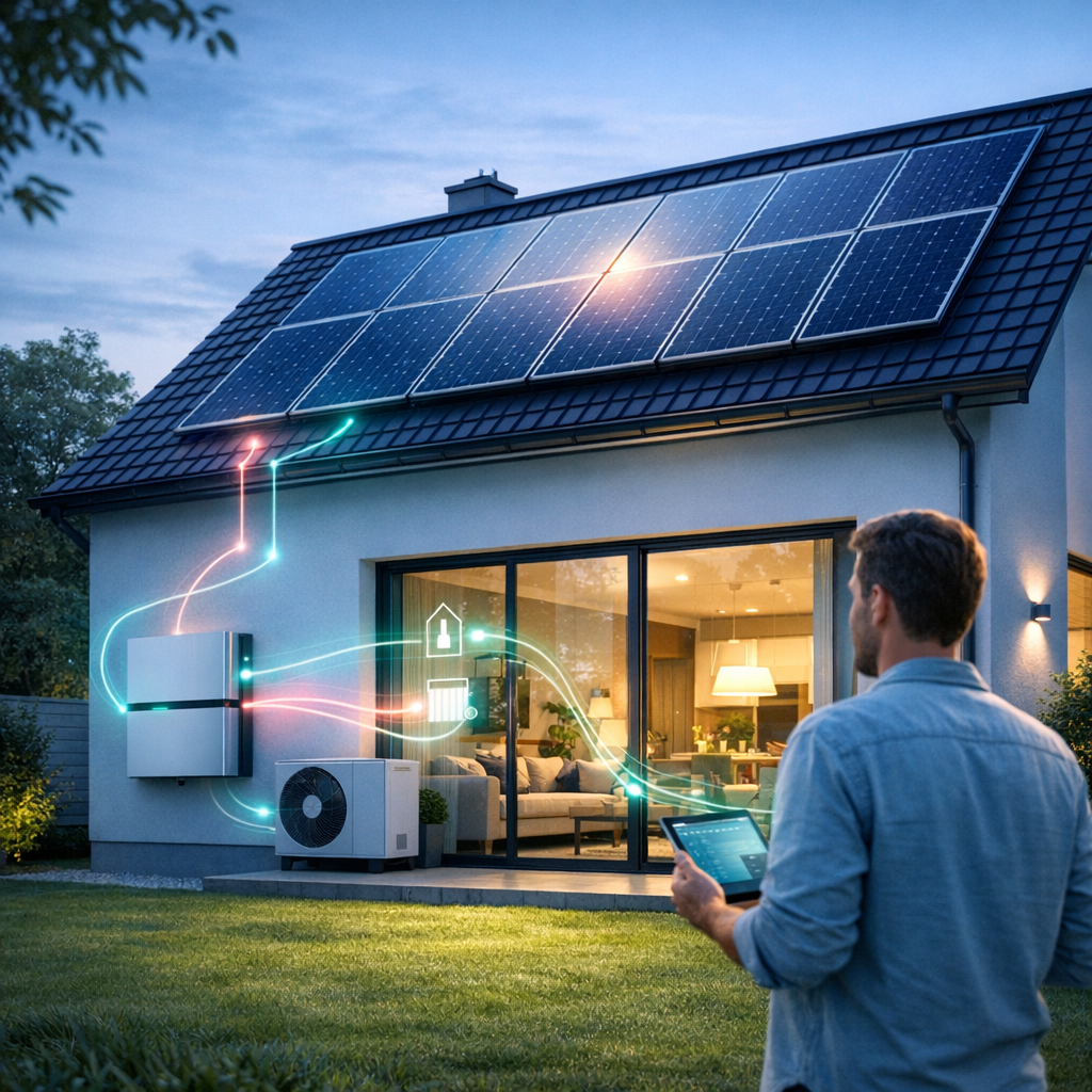 Widok domu o zmierzchu z panelami słonecznymi na dachu, kolorowymi świetlistymi liniami ilustrującymi przepływ energii do zamontowanej na ścianie baterii i przez przeszklone drzwi do wnętrza, zewnętrzną jednostką klimatyzacji pod ścianą, urządzonym salonem widocznym przez okna oraz stojącym na trawniku mężczyzną trzymającym tablet.