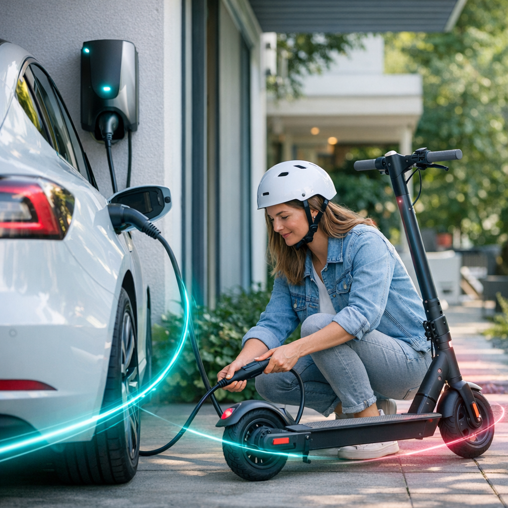 Kobieta w białym kasku i dżinsowej kurtce kuca obok białego samochodu elektrycznego podłączonego do ściennej ładowarki, trzyma kabel przy czarnej hulajnodze elektrycznej stojącej obok, a wokół kabla i kół widoczne są neonowe smugi światła.
