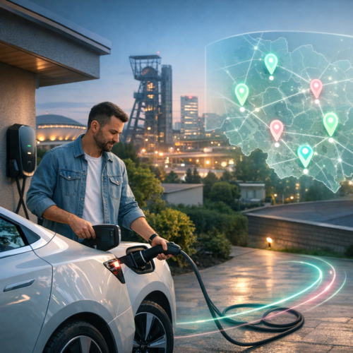 Mężczyzna podłączający biały samochód elektryczny do stacji ładowania przy domu o zmierzchu, na tle rozświetlonego miasta i półprzezroczystej mapy z kolorowymi pinezkami oraz świetlistymi śladami kabla na podjeździe.