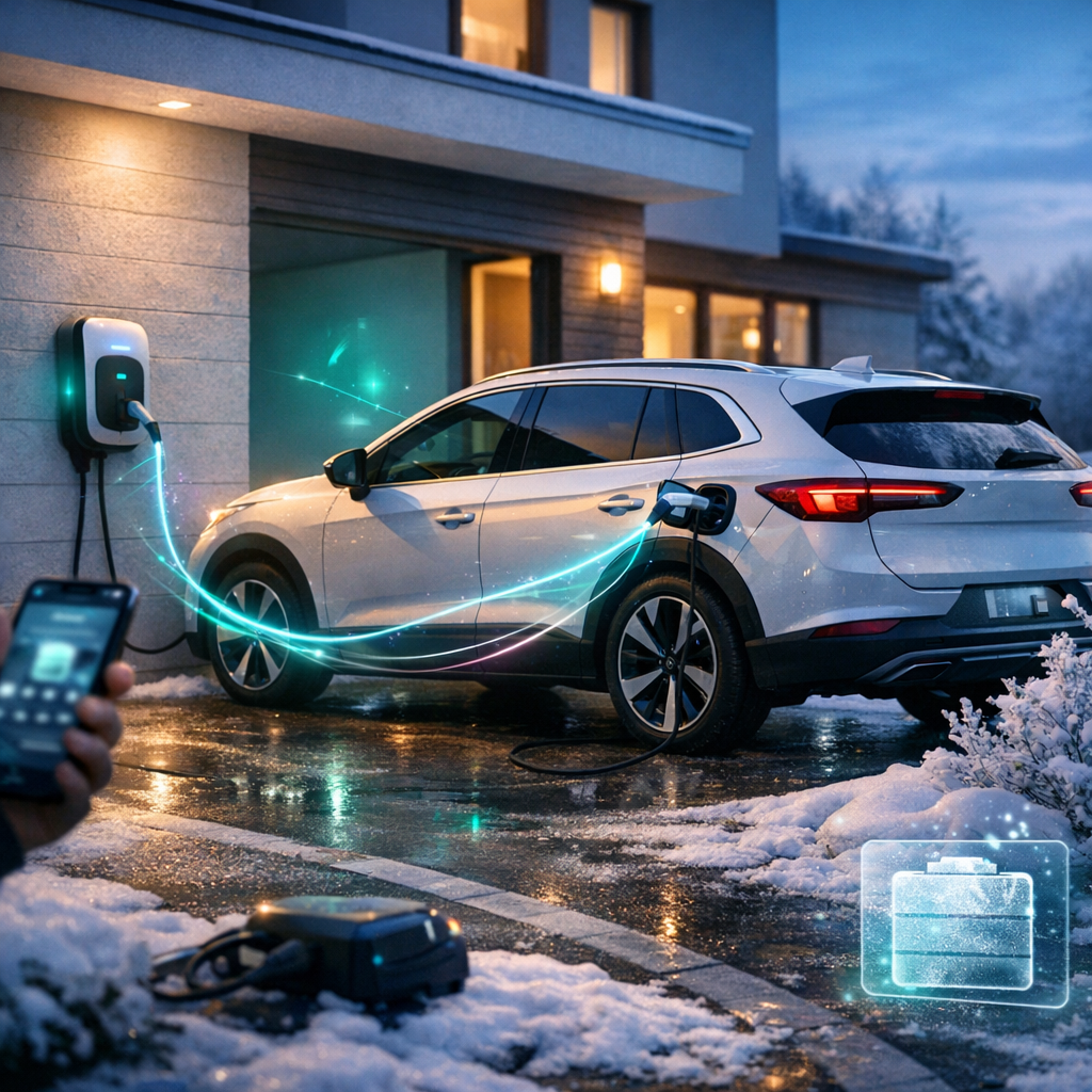 Biały samochód elektryczny typu SUV zaparkowany na ośnieżonym podjeździe przy nowoczesnym domu o zmierzchu, podłączony kablem do ściennej stacji ładowania z widocznymi świecącymi efektami energetycznymi, w pierwszym planie rozmyta dłoń trzymająca smartfon oraz sprzęt do ładowania leżący na śniegu i holograficzna ikona baterii w prawym dolnym rogu.