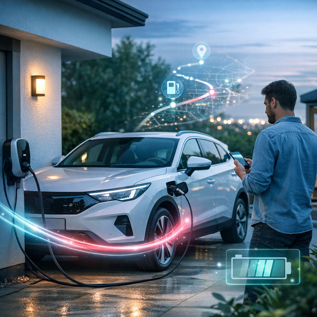 Mężczyzna po prawej trzyma telefon i stoi obok białego elektrycznego SUV‑a zaparkowanego i podłączonego kablem do ściennej stacji ładowania przy elewacji domu o zmierzchu; widoczne lampa na ścianie, mokry podjazd, świetliste neonowe ścieżki nad samochodem oraz cyfrowe nakładki z ikonami lokalizacji i wskaźnikiem poziomu baterii.