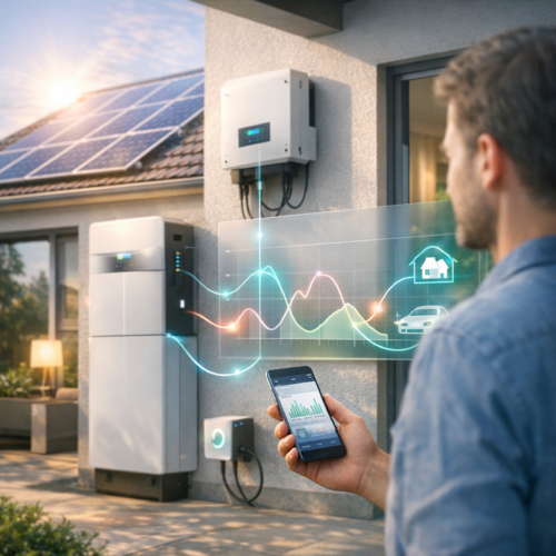 Mężczyzna widoczny z boku trzyma smartfon z aplikacją pokazującą wykresy zużycia energii, stoją przed nim na elewacji inwerter i duży magazyn energii z widocznymi kablami oraz gniazdo ładowania samochodu elektrycznego, na dachu widać panele słoneczne, nad sceną świeci słońce, a przez okno widać wnętrze z lampą; na pierwszym planie nałożona jest przezroczysta holograficzna tablica z kolorowymi krzywymi i ikonami domu i samochodu.