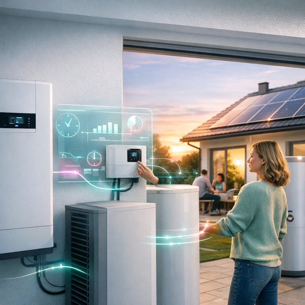 Kobieta stoi przy otwartym przejściu domu obok urządzeń do magazynowania i sterowania energią, dotykając panelu sterującego na ścianie z przezroczystym cyfrowym interfejsem pokazującym wykresy i zegary; w tle widać dach z panelami słonecznymi i dwie osoby siedzące przy stole na tarasie o zachodzie słońca.
