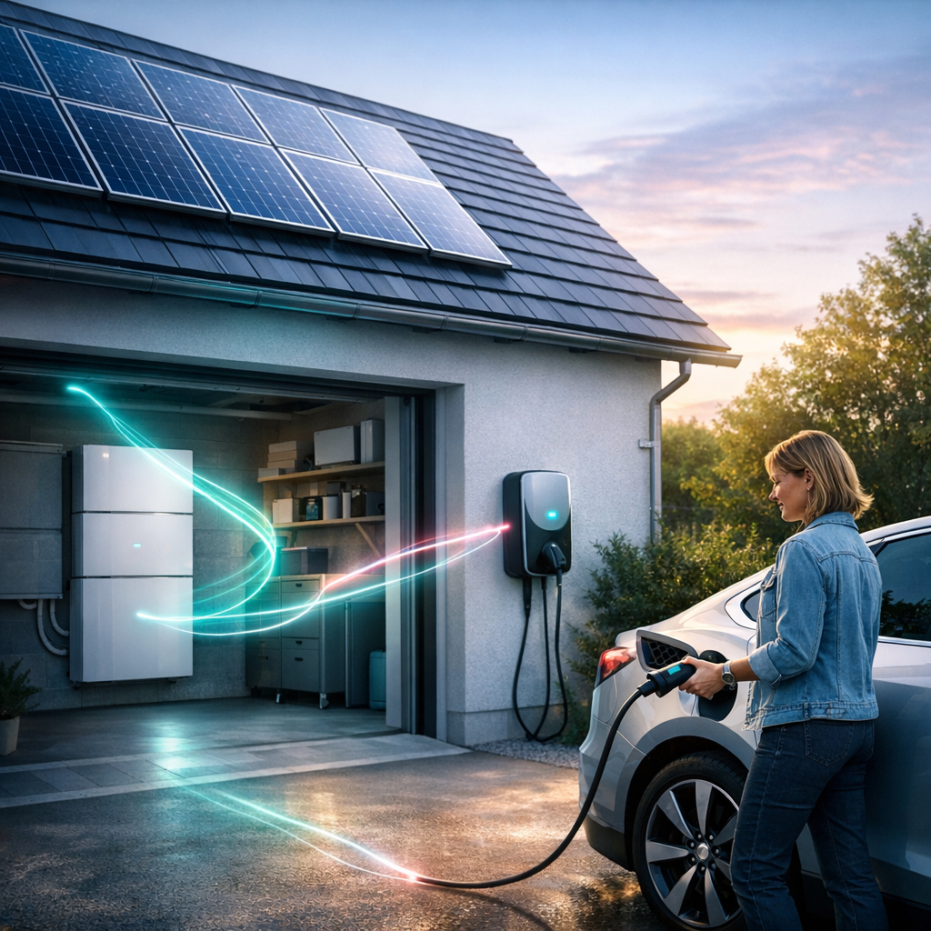 Kobieta stoi przy srebrnym samochodzie elektrycznym na podjeździe i trzyma wtyczkę ładowania podłączaną do stacji montowanej na ścianie domu; na dachu widoczne panele słoneczne, otwarty garaż z modułem magazynowania energii i półkami, a przez scenę przebiegają świetliste, kolorowe smugi symbolizujące przepływ energii.