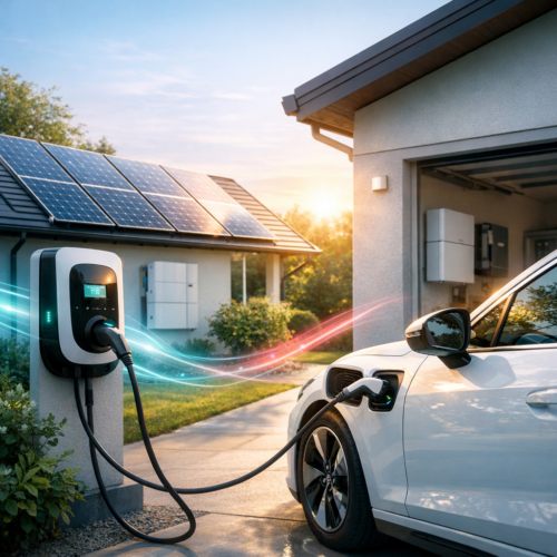 Biały samochód elektryczny zaparkowany na podjeździe, podłączony kablem do zewnętrznej stacji ładowania przed domem z panelami słonecznymi na dachu, otwartym garażem z jednostkami magazynowania energii na ścianie, zielonymi krzewami wokół i kolorowymi świetlistymi smugami łączącymi stację, samochód i panele przy zachodzie słońca.