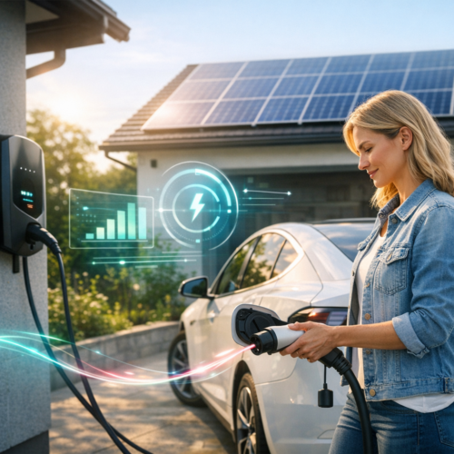 Kobieta w jasnej dżinsowej kurtce podłącza kabel do ładowania białego samochodu elektrycznego przy ściennej stacji ładowania na podjeździe domu z panelami słonecznymi na dachu, a wokół widoczne są holograficzne wykresy, ikona energii i kolorowe świetliste smugi sygnalizujące przepływ mocy.