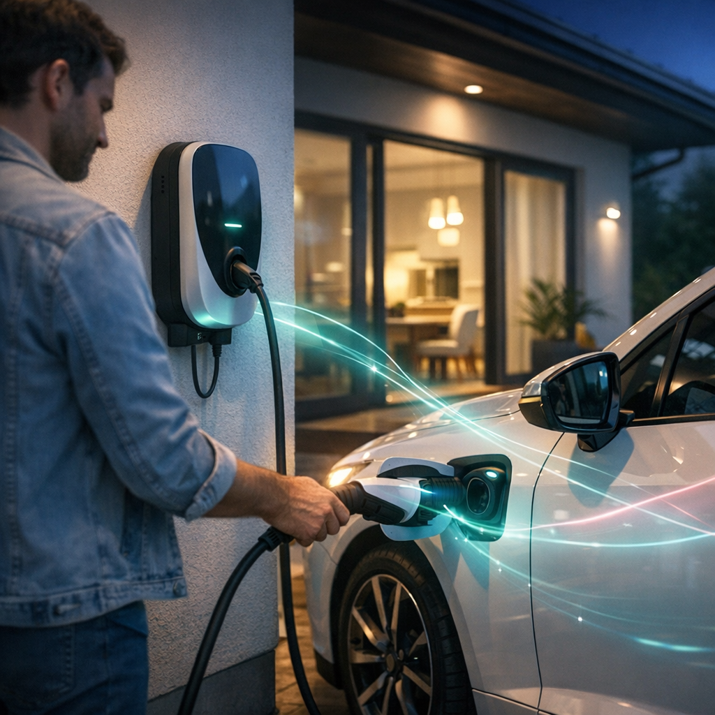 Na zdjęciu mężczyzna w dżinsowej kurtce podłącza kabel do białego samochodu elektrycznego przy ścianie domu, gdzie zamontowana jest podświetlana stacja ładująca, a od gniazda do portu auta wiją się świetliste turkusowo-różowe smugi symbolizujące przepływ energii; w tle przez przeszklone drzwi widać oświetlone wnętrze domu z jadalnią i roślinami.