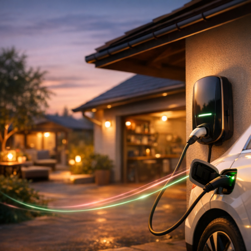 Samochód elektryczny podłączony kablem do ściennej stacji ładowania na podjeździe przed domem o zmierzchu, z widoczną wtyczką i zielonym wskaźnikiem na ładowarce, rozmytym oświetlonym tarasem i garażem w tle oraz kolorowymi świetlistymi smugami.
