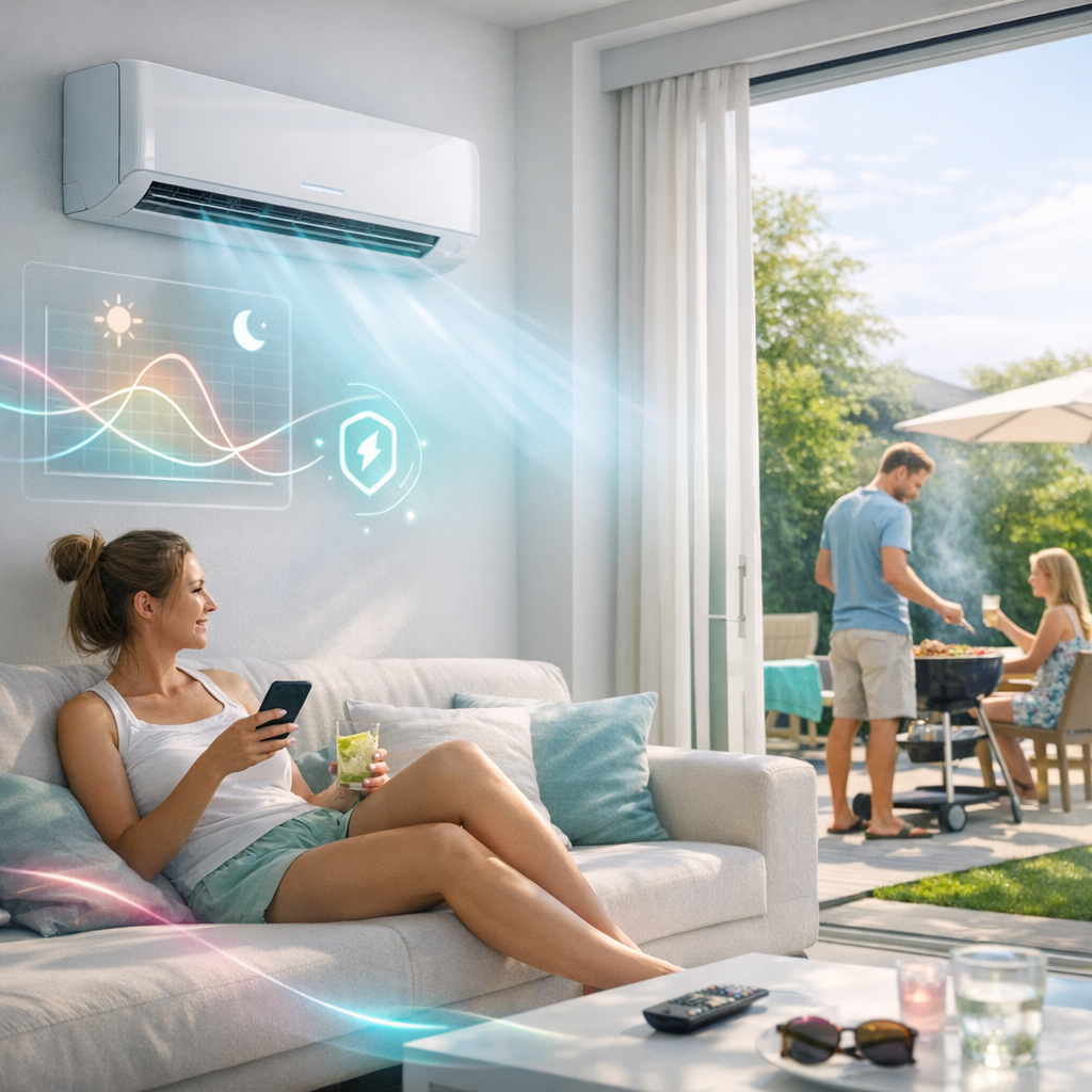 Salon z białą ścienną klimatyzacją nad sofą, z widocznymi niebieskimi strumieniami powietrza i holograficznym panelem z wykresami oraz ikonami słońca, księżyca i tarczy, na jasnej sofie siedzi kobieta trzymająca smartfon i szklankę z napojem, przez otwarte przesuwne drzwi widać taras z mężczyzną i kobietą przy grillu, parasolem i zielonym ogrodem, a na stoliku kawowym leżą pilot, okulary przeciwsłoneczne i szklanka.