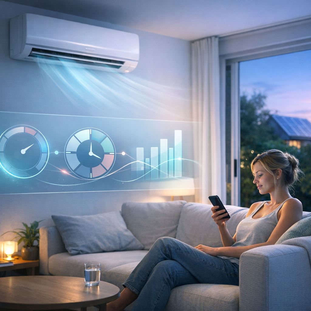 Kobieta siedząca na jasnoszarej sofie w salonie trzyma smartfon, nad sofą zamontowana jednostka klimatyzacji wydmuchuje niebieskie strumienie powietrza, na ścianie wyświetlają się holograficzne wykresy i wskaźniki, na stoliku przed nią stoi szklanka wody, obok lampka i roślina, a w tle przeszklone drzwi z widokiem na drzewa i dom z panelami słonecznymi.