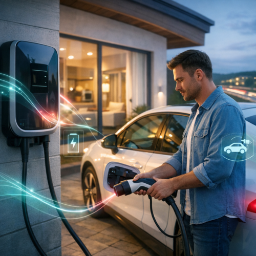Mężczyzna w dżinsowej koszuli trzyma wtyczkę ładowarki i podłącza ją do gniazda białego samochodu elektrycznego zaparkowanego obok nowoczesnego domu; po lewej przy ścianie widoczna czarna stacja ładowania z kablami, nad nimi kolorowe świetliste linie oraz ikony baterii i samochodu symbolizujące ładowanie, a w tle przeszklone drzwi domu i oświetlone wnętrze o zmierzchu.