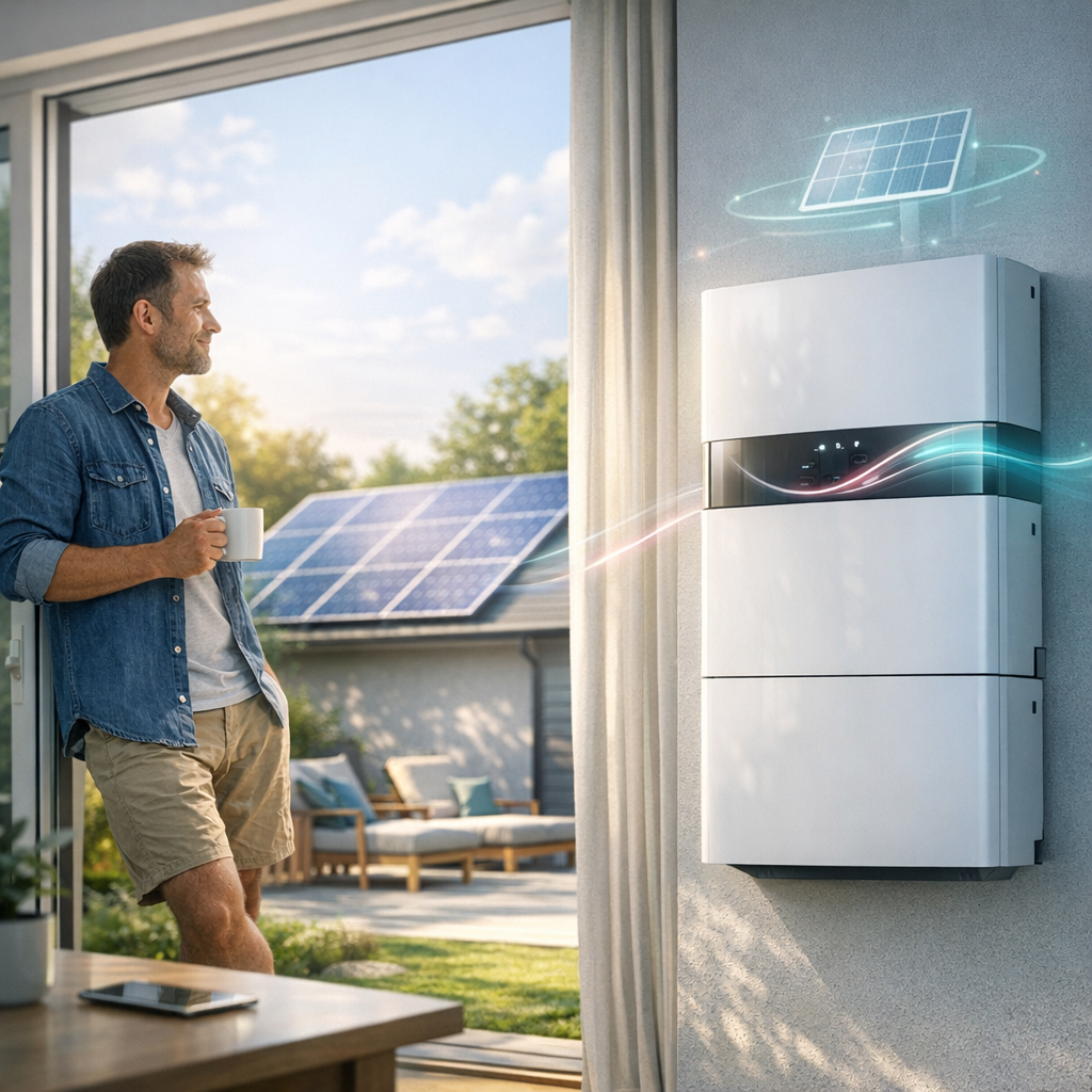 Mężczyzna w dżinsowej koszuli i szortach stoi w otwartych drzwiach z kubkiem, obok na ścianie zamontowane białe urządzenie do magazynowania energii z kolorowymi świetlnymi smugami łączącymi je z panelami słonecznymi na dachu, a na zewnątrz widać ogród z meblami tarasowymi i tablet na stole w pierwszym planie.