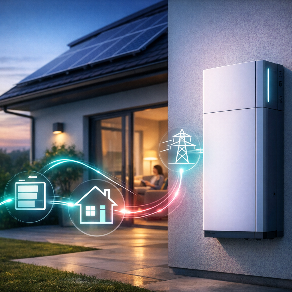 Widok zewnętrzny domu o zmierzchu z panelami słonecznymi na dachu, ściennym magazynem energii po prawej, przez przeszklone drzwi widoczna osoba siedząca na kanapie, oraz na pierwszym planie świetliste ikony baterii, domu i słupa energetycznego połączone kolorowymi liniami symbolizującymi przepływ energii.