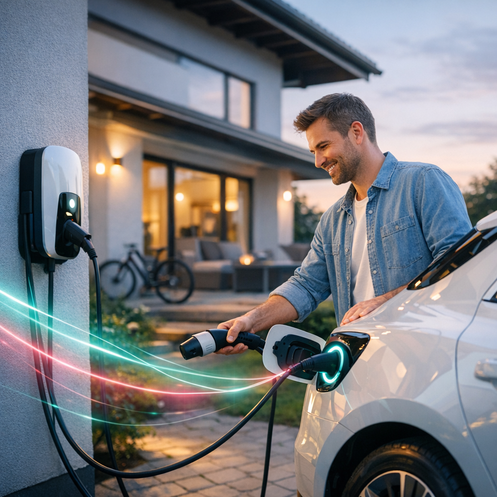 Mężczyzna w koszuli jeansowej stoi przy białym samochodzie elektrycznym na podjeździe przed nowoczesnym domem o zmierzchu, wkładając wtyczkę do podświetlonego portu ładowania; obok na ścianie zamontowana stacja ładowania, z przewodu wychodzą kolorowe świetlne smugi, a w tle widać rower, rozświetlone wnętrze domu i meble na tarasie.