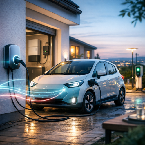 Biały kompaktowy samochód elektryczny zaparkowany przed domem o zmierzchu, podłączony kablem do ściennej stacji ładowania z widocznym świetlistym efektem przepływu energii, na mokrej kostce brukowej odbijającej światła, z drugim słupem ładowania, rozświetlonymi oknami i panoramą miasta w tle.