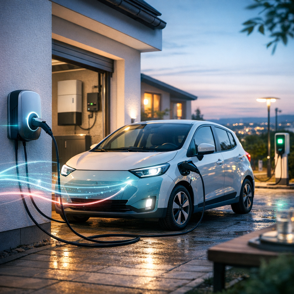 Biały kompaktowy samochód elektryczny zaparkowany przed domem o zmierzchu, podłączony kablem do ściennej stacji ładowania z widocznym świetlistym efektem przepływu energii, na mokrej kostce brukowej odbijającej światła, z drugim słupem ładowania, rozświetlonymi oknami i panoramą miasta w tle.