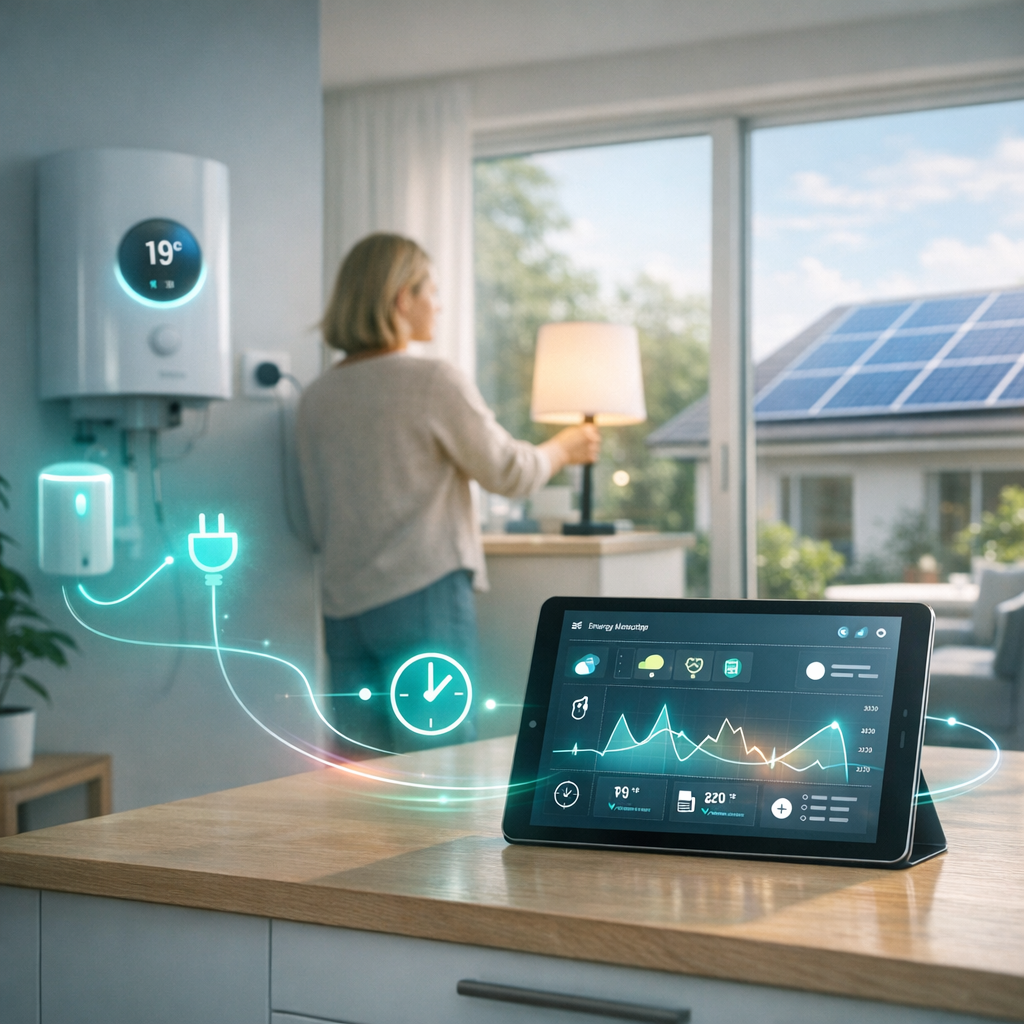 Tablet na drewnianym blacie kuchennym wyświetlający wykresy i ikony monitoringu energii, neonowoniebieskie linie i symbole (wtyczka, zegar) łączące ekran z zamontowanym na ścianie urządzeniem grzewczym i małym modułem, a w tle kobieta stojąca przy lampie przy dużym oknie, za którym widać dach z panelami słonecznymi.