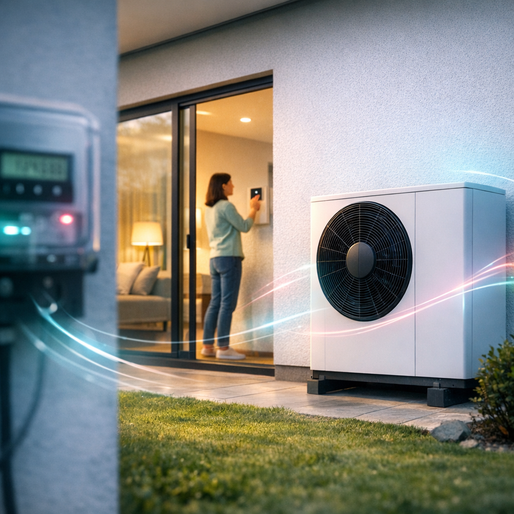 Widok zewnętrzny domu z jednostką pompy ciepła z dużym okrągłym wentylatorem po prawej, rozmytym licznikiem elektrycznym po lewej, przeszklonymi drzwiami tarasowymi ze wnętrzem w tle, gdzie stoi osoba obsługująca panel na ścianie, trawnikiem i ścieżką oraz ozdobnymi śladami świetlnymi sugerującymi przepływ energii.