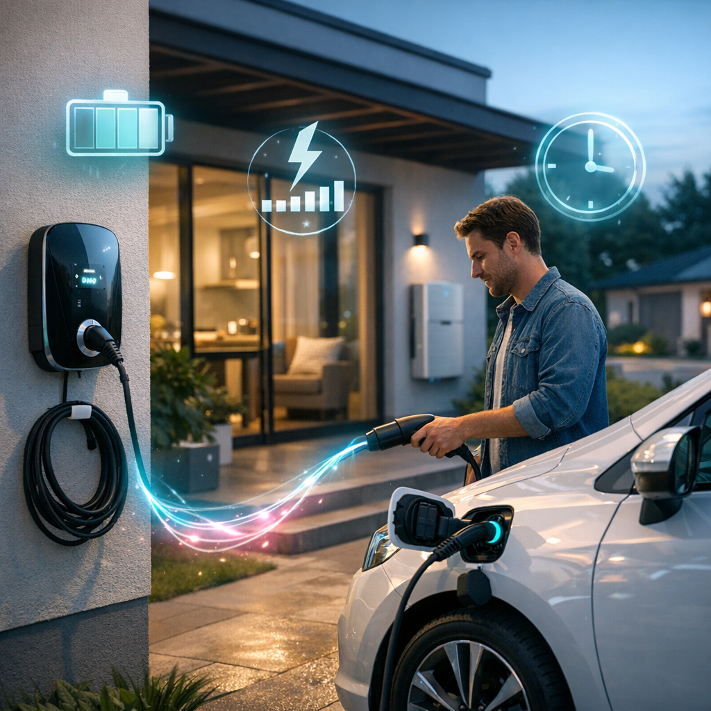 Mężczyzna stojący przy białym samochodzie elektrycznym podłącza kabel do gniazda ładowania, na ścianie po lewej wisi czarna stacja ładowania z nawiniętym przewodem, z wtyczki bije świetlisty niebiesko-różowy strumień energii, nad sceną widoczne są trzy holograficzne ikony — bateria, symbol pioruna z wykresem i zegar — a w tle nowoczesny dom z przeszklonym wejściem i wieczornym oświetleniem.