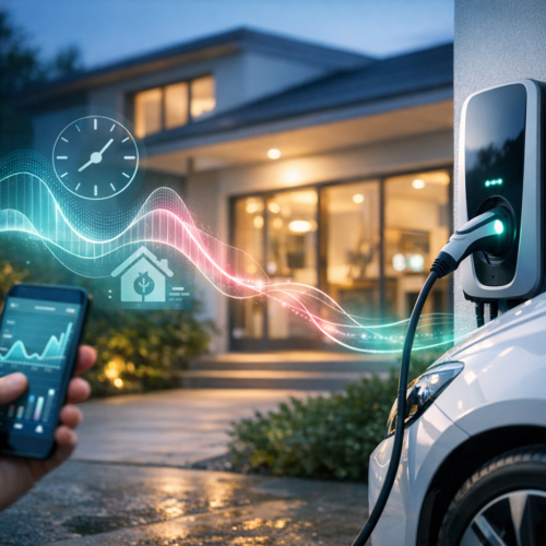 Elektryczny samochód podłączony kablem do ściennej stacji ładowania na podjeździe przed oświetlonym wieczorem domem; po lewej ręka trzyma smartfon z wykresem, a nad sceną widoczne kolorowe falowe linie i ikony zegara oraz domu.