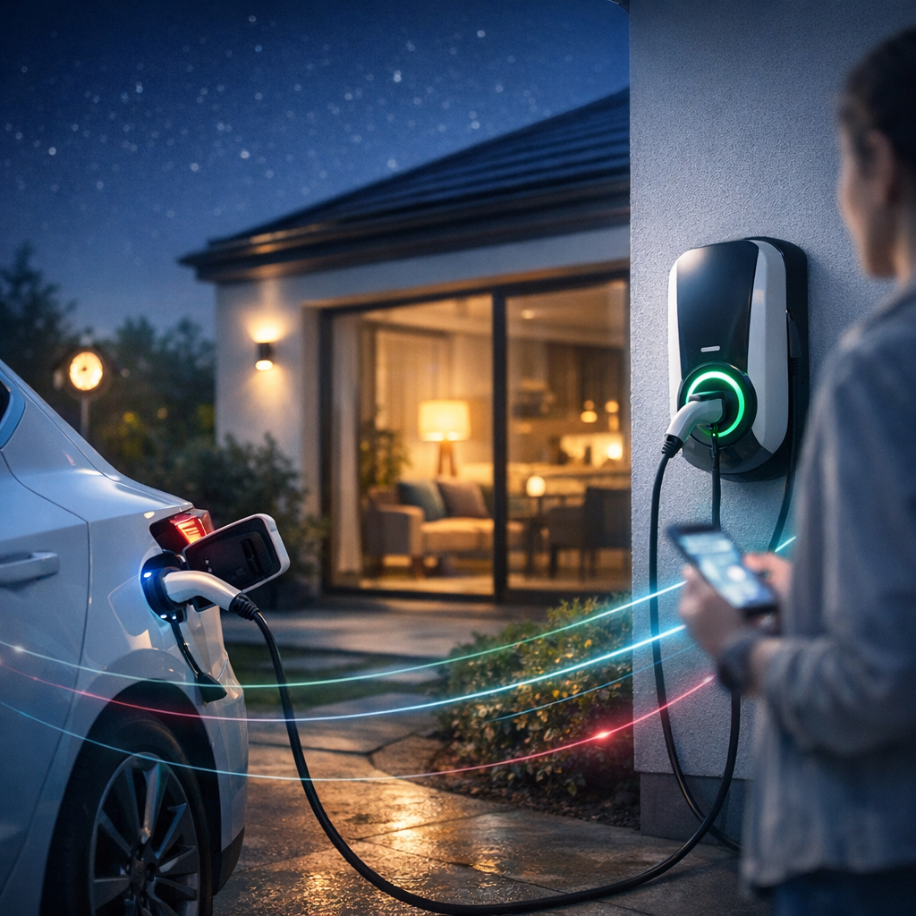 Nocna scena przedstawiająca biały samochód elektryczny podłączony kablem do ściennej stacji ładowania z zielonym pierścieniem świetlnym, po prawej rozmyta sylwetka osoby trzymającej smartfon, w tle oświetlony salon widoczny przez szklane drzwi tarasowe, mokry podjazd i kolorowe smugi świetlne nad ziemią.