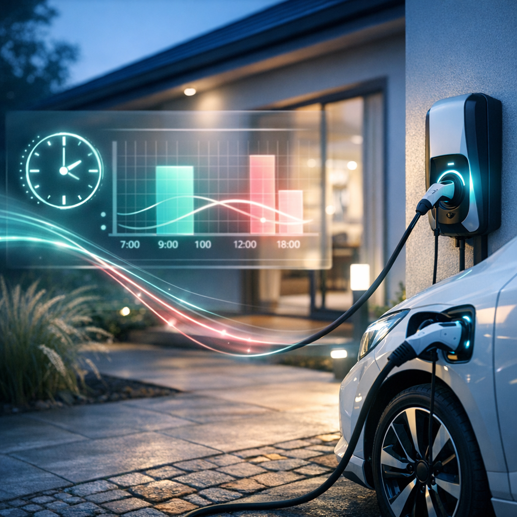 Samochód elektryczny podłączony kablem do ściennej stacji ładowania na podjeździe z kostki brukowej, na tle przeszklonego wejścia do domu i holograficznego panelu pokazującego zegar, wykres słupkowy oraz świetliste fale łączące panel z kablem ładowania.