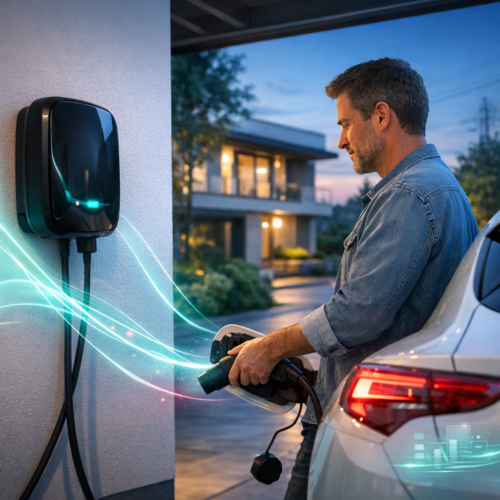 Mężczyzna w koszulowej kurtce podłącza kabel ładowania do białego samochodu elektrycznego obok ściany z czarną, zamontowaną stacją ładowania, z widocznymi świetlistymi turkusowymi pasmami łączącymi jednostkę z wtyczką, a w tle o zmierzchu nowoczesny dom z podświetlonymi oknami.