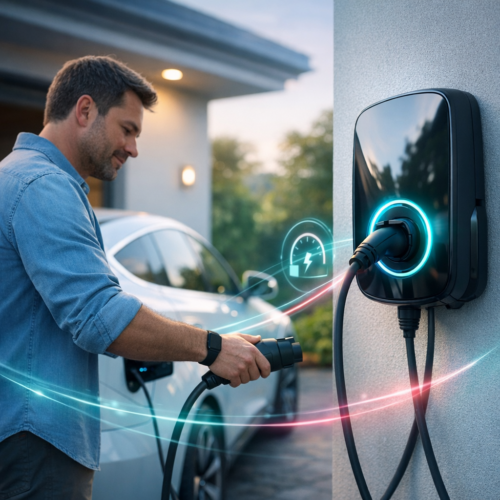 Mężczyzna stojący obok białego samochodu podłącza kabel do czarnej, ściennej stacji ładowania samochodów elektrycznych z niebiesko świecącym pierścieniem, a w tle widać nowoczesny dom i świetlne smugi wokół kabla.