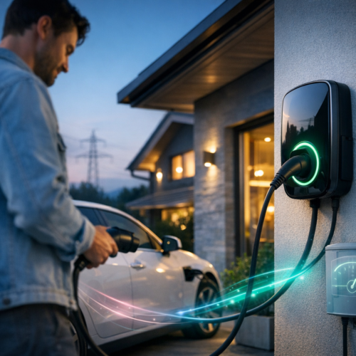 Osoba trzyma wtyczkę i podłącza kabel do białego samochodu elektrycznego stojącego przy domu; po prawej na zewnętrznej ścianie widoczna jest zamontowana stacja ładowania z zielonym świecącym pierścieniem i kilkoma kablami, a w tle widać oświetlony nowoczesny dom, słup energetyczny na horyzoncie oraz zmierzchowe niebo, przy kablach widoczne są kolorowe świetlne smugi.